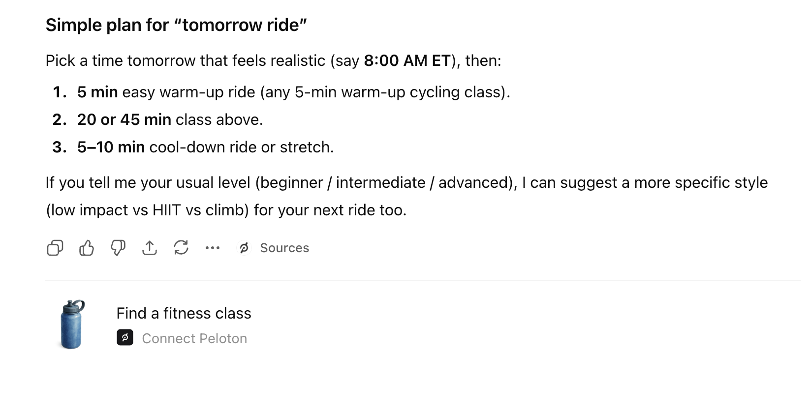 Screenshot showing ChatGPT suggesting the Peloton App when workout-related questions are asked