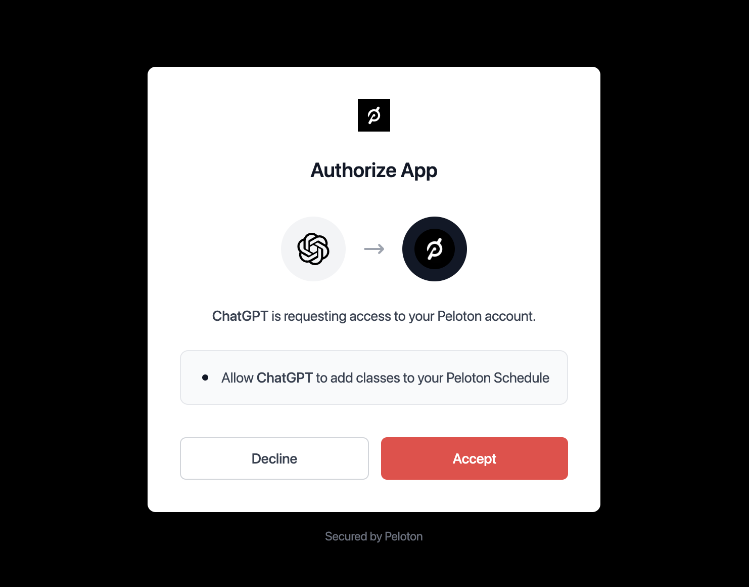 Screenshot showing Peloton connection options - ChatGPT-only connection or full Peloton login