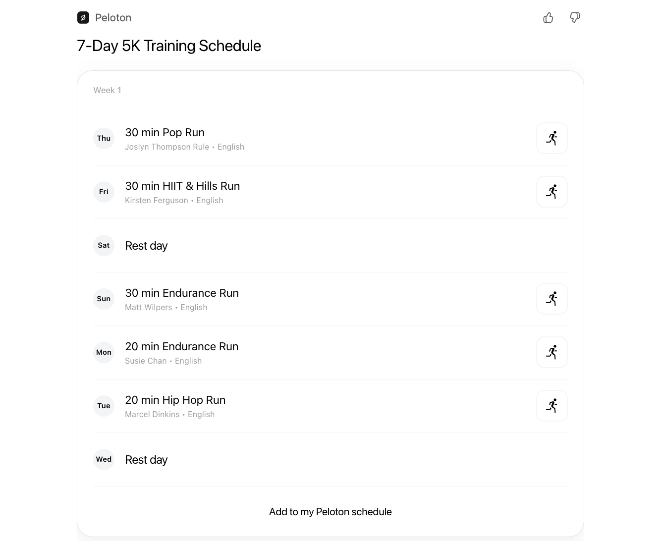 Screenshot of a Peloton training plan created in ChatGPT showing a weekly schedule with classes and rest days before adding to calendar