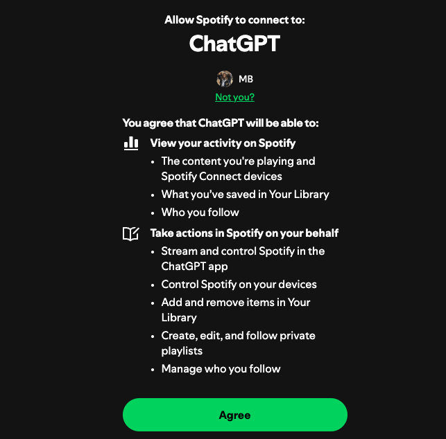 Screenshot showing Spotify connection permissions required for ChatGPT integration