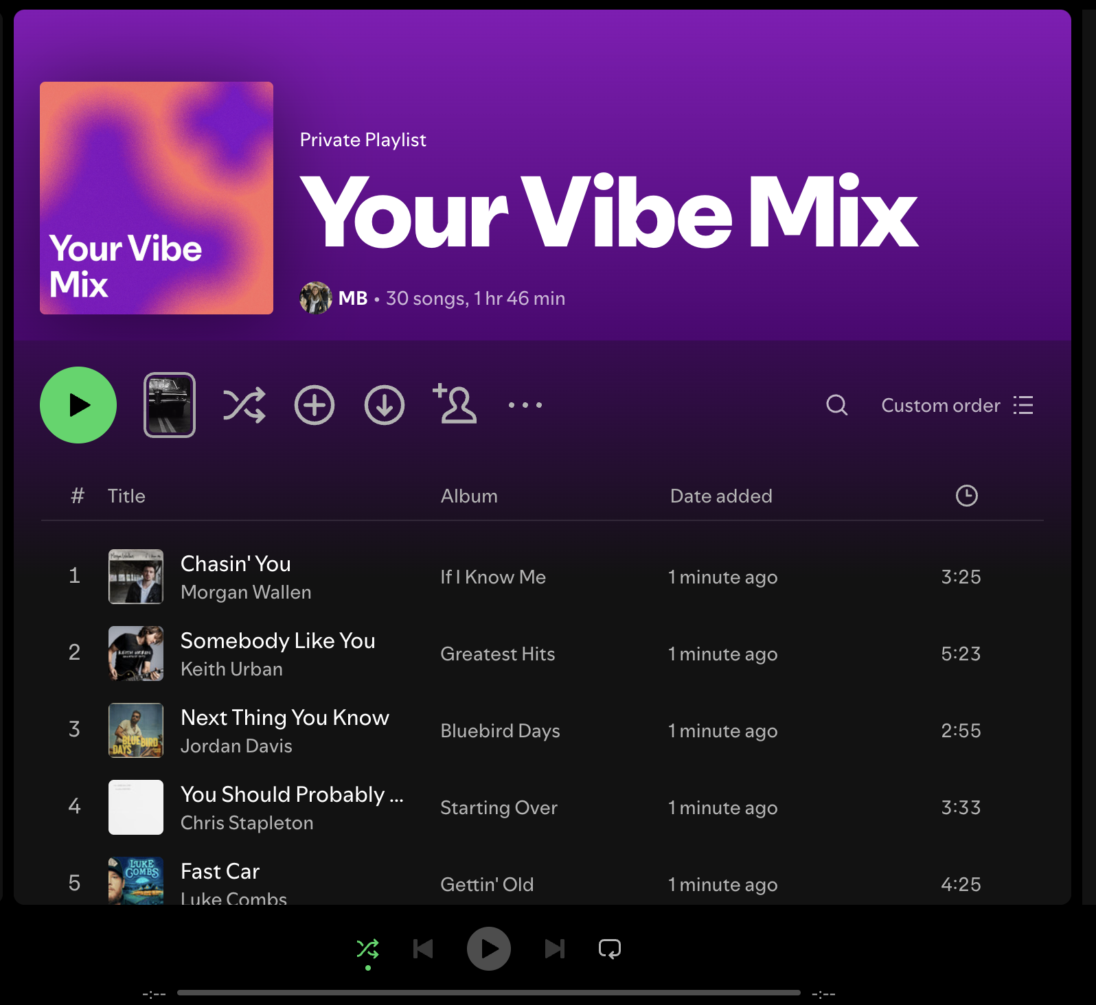 Screenshot of the generated playlist opened in the Spotify app with cover art