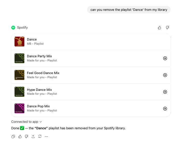 Screenshot showing broader removal capabilities from ChatGPT Spotify integration
