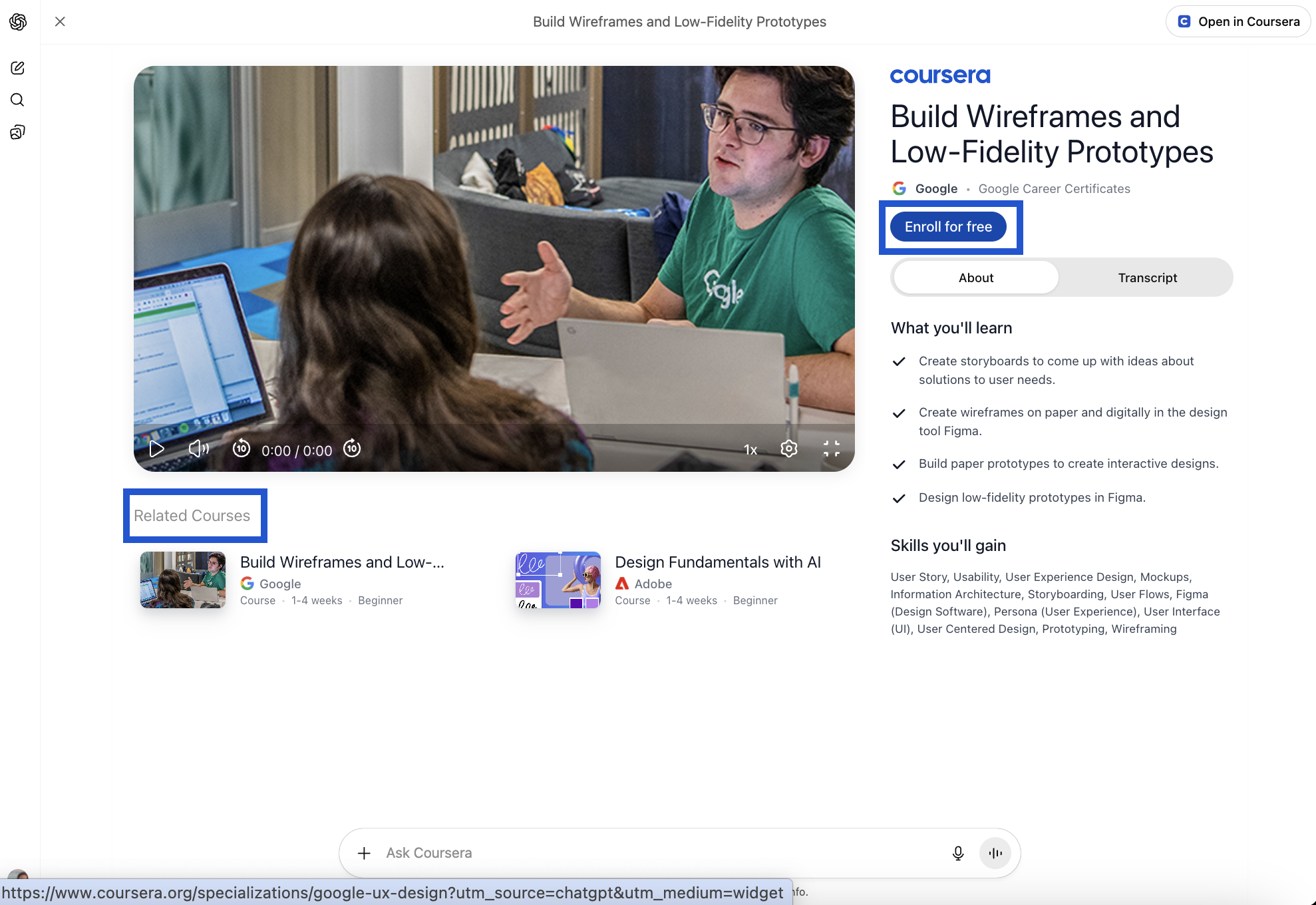 Screenshot of Coursera ChatGPT app showing a course video preview with enrollment prompt