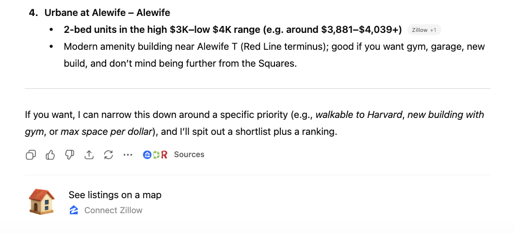 ChatGPT interface showing a suggestion to connect the Zillow App when user asks about home prices or mortgages
