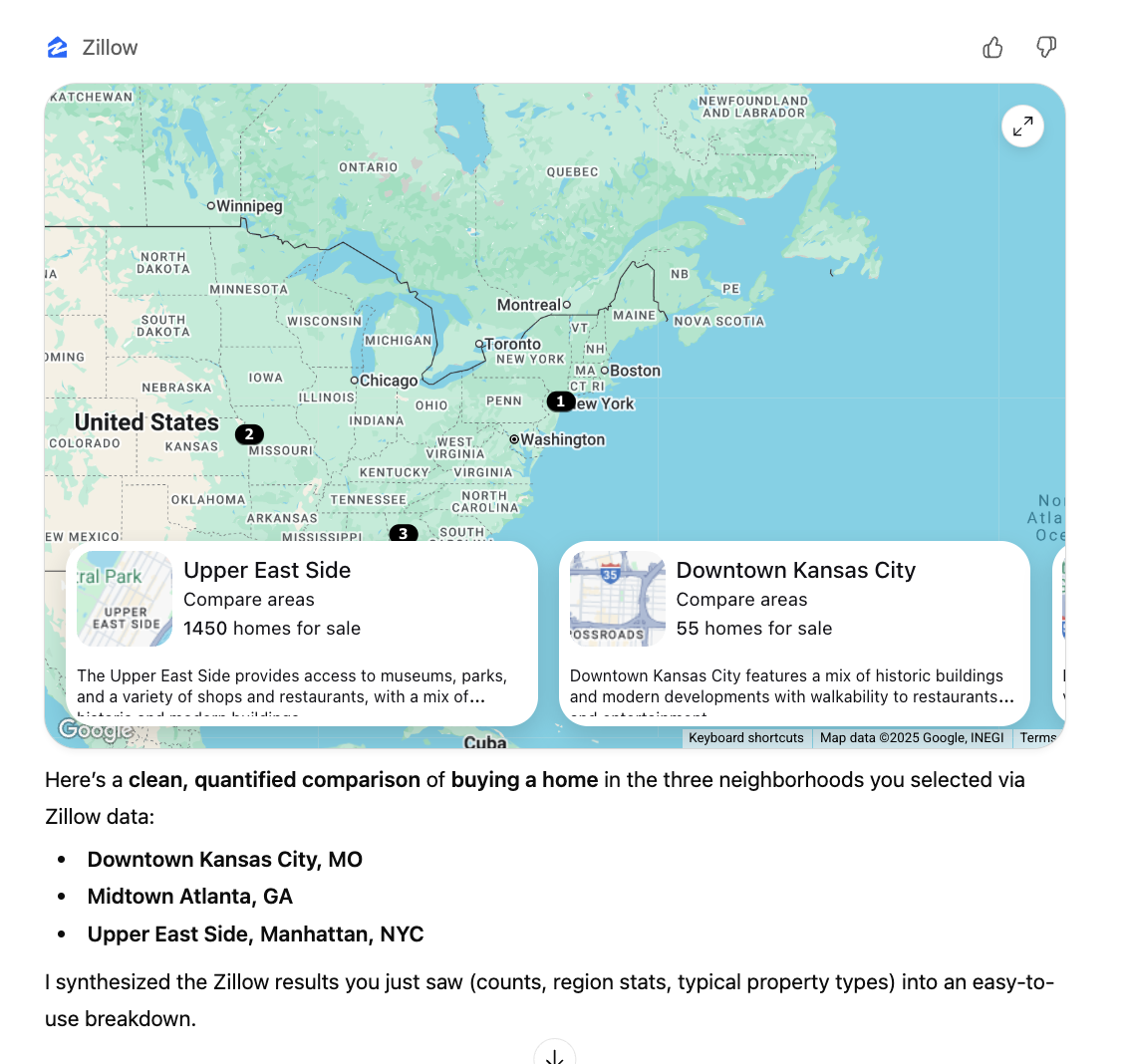 Zillow ChatGPT App displaying neighborhood comparison results with descriptions and property counts for multiple Seattle neighborhoods