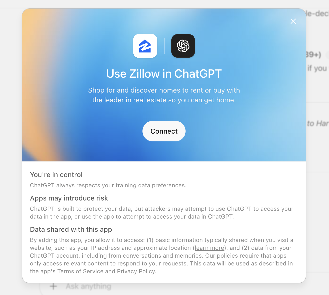 ChatGPT showing the Zillow App connection interface with option to connect without authentication