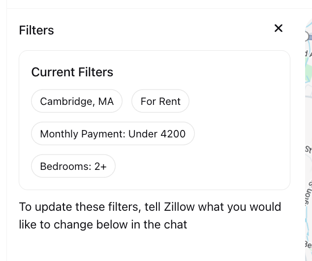 Zillow ChatGPT App showing active filters for a property search with natural language required to modify them