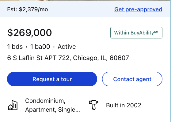 Property listing in Zillow ChatGPT App showing an indicator that the property is within the user's calculated buyability range
