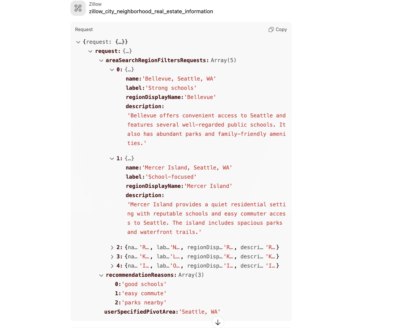 Developer view showing how ChatGPT selects neighborhood names and sends them to Zillow along with reasoning for selection